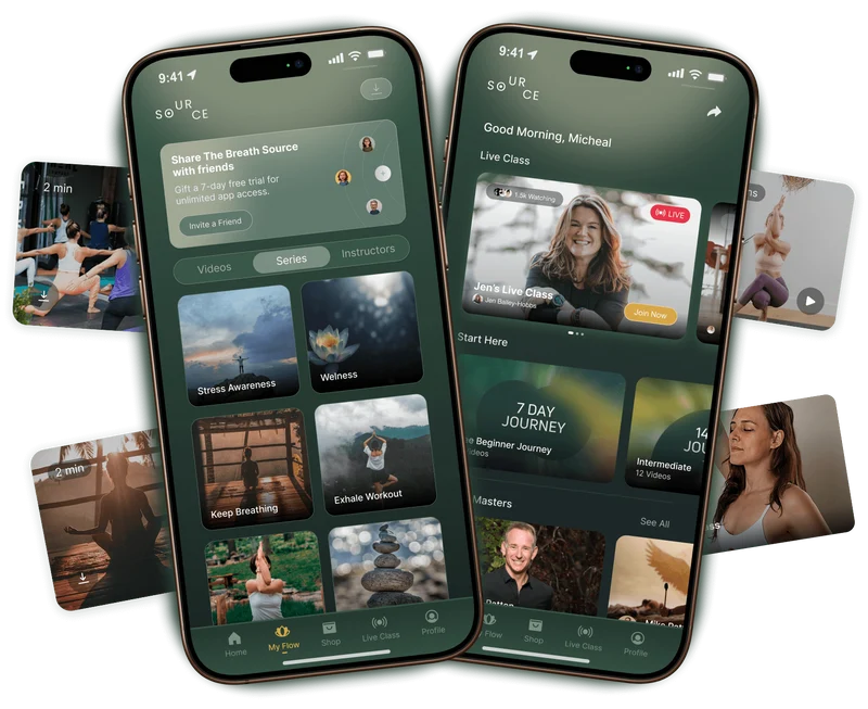 The Breath Source app showing live classes, guided series, and Breath Masters