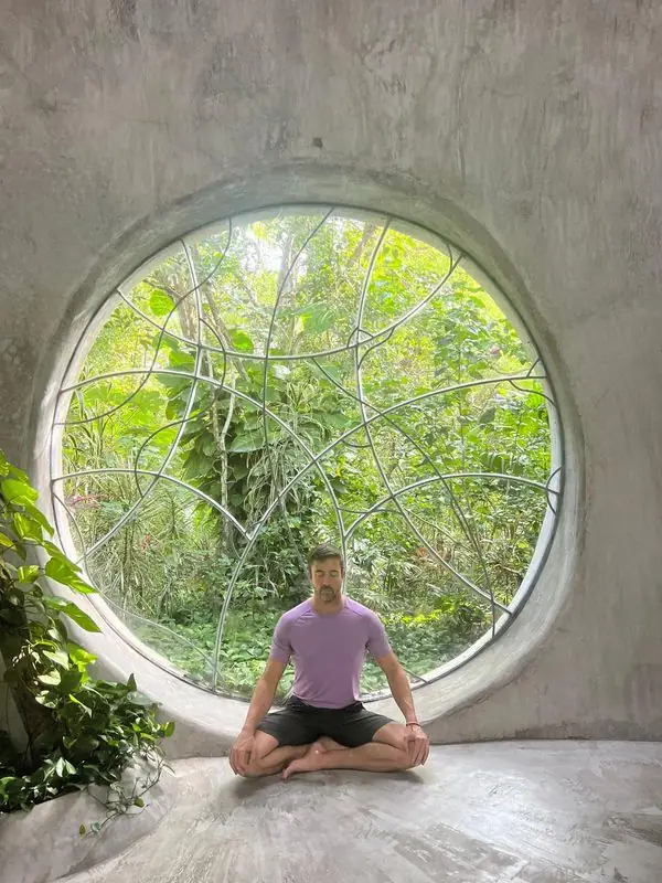 Lotus meditation framed by circular jungle window